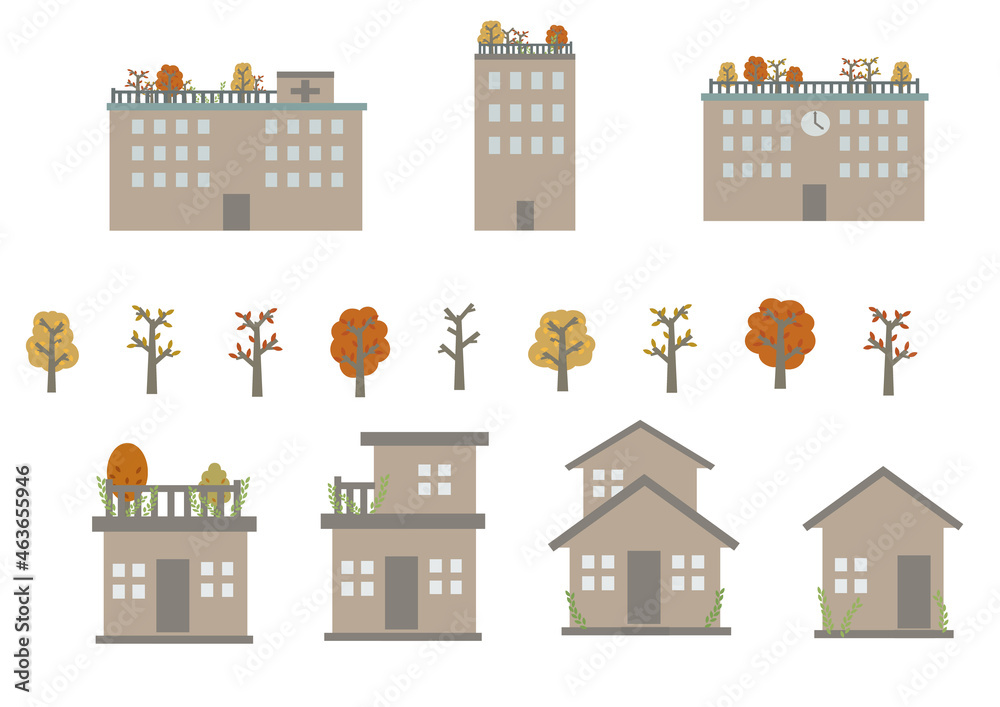 屋上ガーデニング等、緑を意識した建物と木のイラストセット（秋）