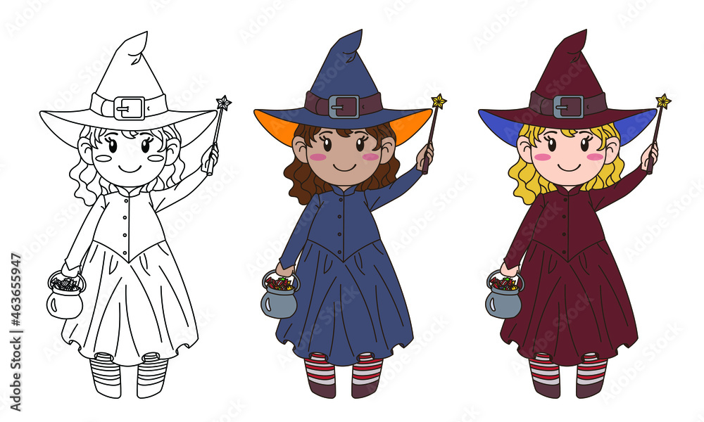 Cute little girl witch with magic wand. Halloween character. Vector illustration for prints, greeting and invitation card, posters, stickers. Coloring page with color options.
