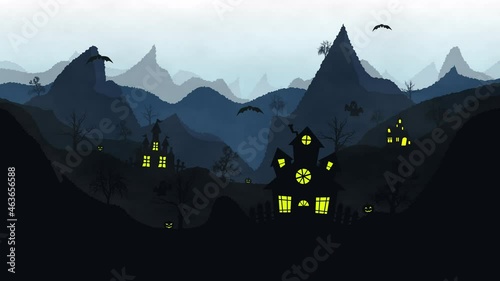 Animated Halloween landscape with castles bats and flying ghosts