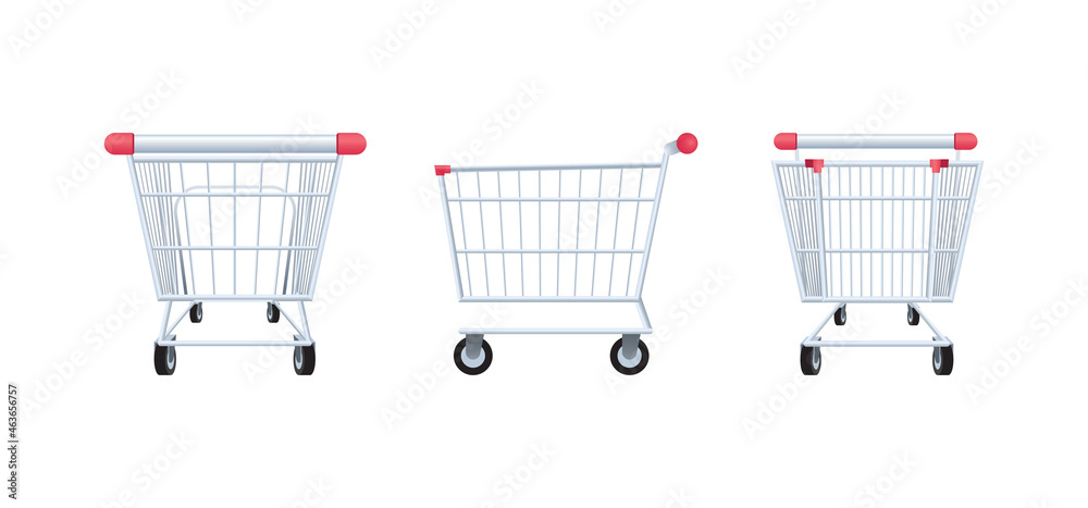 Shopping cart rear, side and front view, isolated on white background, vector illustration Shopping cart rear, side and front view, isolated on white background, vector illustration