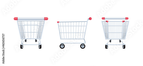 Shopping cart rear, side and front view, isolated on white background, vector illustration