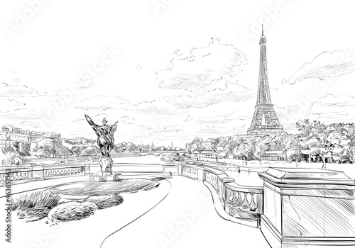 Romantic landscape view of the Eiffel Tower and Sena River. Paris, France. Urban sketch. Hand drawn vector illustration