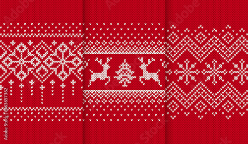 Knit seamless pattern. Red knitted textures. Christmas borders. Set Xmas prints. Holiday backgrounds. Fair isle traditional ornament. Festive sweater. Vector illustration.