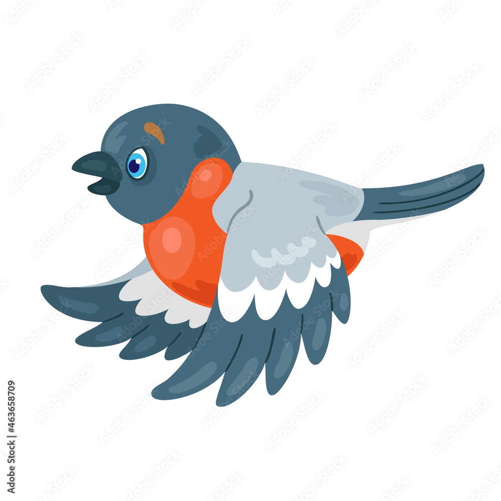 Fototapeta premium Cute little bullfinch is flying. In cartoon style. Isolated on white background. Vector flat illustration. 