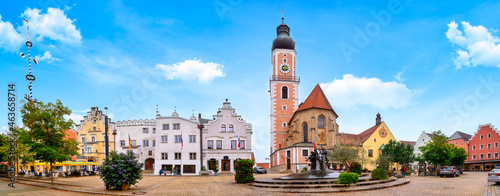 Panorama of the market square in Cham with fountain and church photo