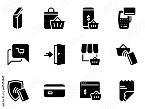 Set of black vector icons, isolated against white background. Flat illustration on a theme shop, sales and purchases