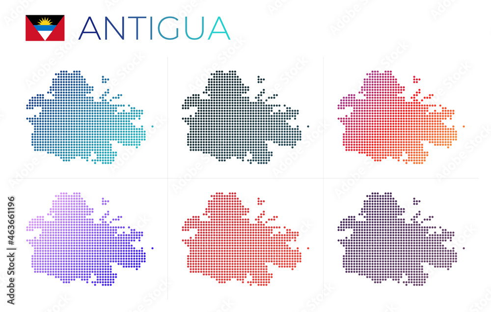 Naklejka Zestaw map kropkowanych Antigua. Mapa Antigui w kropkowanym stylu. Granice wyspy wypełnione pięknymi gładkimi okręgami gradientowymi. Atrakcyjna ilustracja wektorowa.