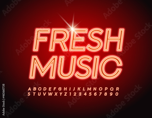 Vector bright Sign Fresh Music. Neon Font. Glowing Alphabet Letters and Numbers