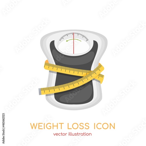 Weight loss icon, measuring tape around scales shaped of waist. Advertising of weight control app, slimming program