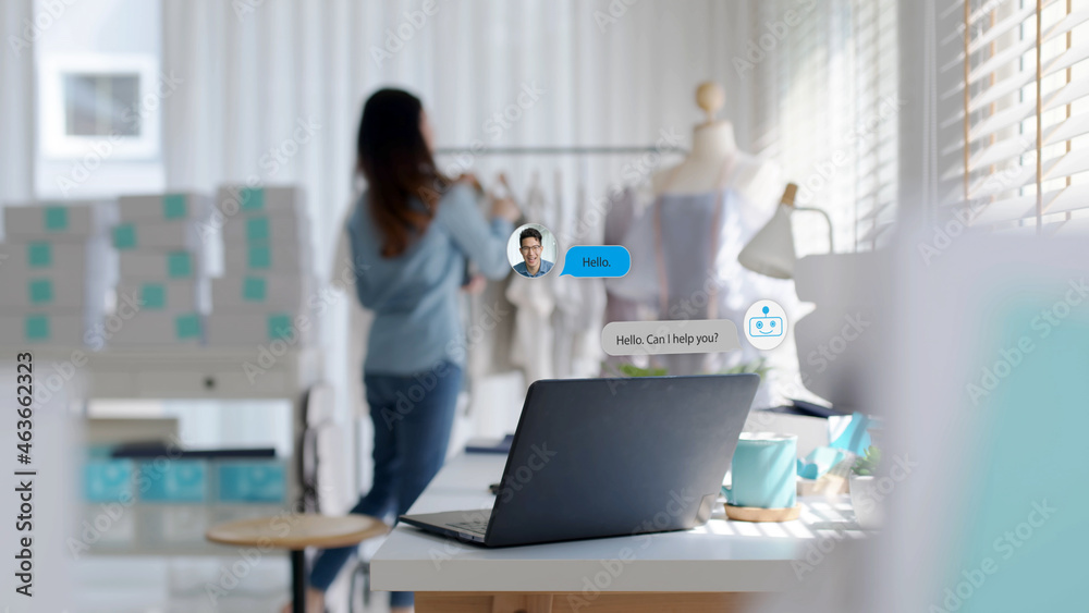 Chatbot conversation on laptop screen app interface with artificial intelligence technology providing virtual robotic assistant customer support and information for small business SME B2C concept. Chatbot conversation on laptop screen app interface with artificial intelligence technology providing virtual robotic assistant customer support and information for small business SME B2C concept.