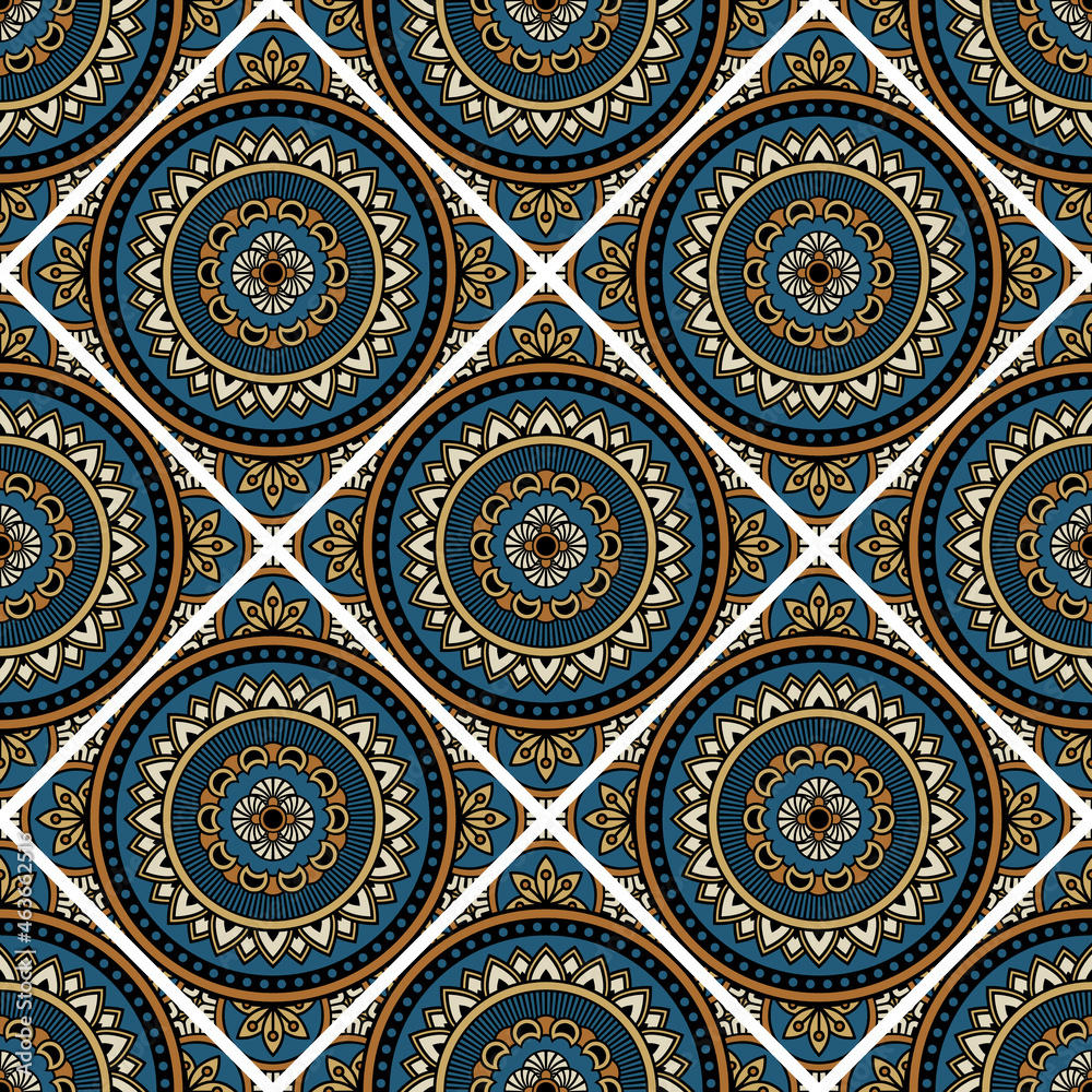 Abstract seamless mandala background. Texture in brown and blue colors. Oriental pattern for design, fashion print, scrapbooking Abstract seamless mandala background. Texture in brown and blue colors. Oriental pattern for design, fashion print, scrapbooking
