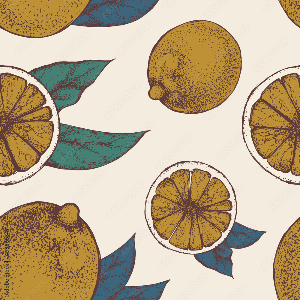 Vector seamless pattern with vintage lemons on brown background ...