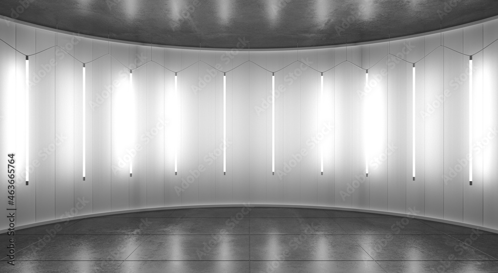 Obraz premium Gray minimalistic abstract 3d background. Light from lamps on the walls of the circular stage. 3d illustration.