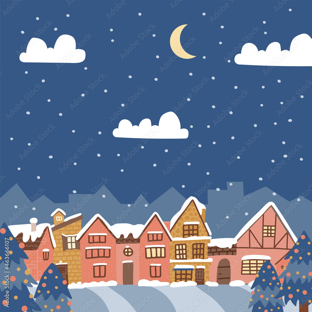 Merry christmas and a happy new year countryside background. Winter landscape in the city. Old cozy snow-covered town at ebvening. Flat design vector illustration.