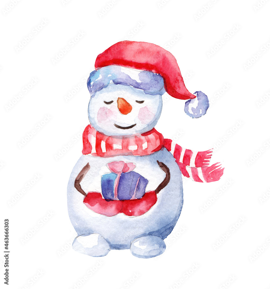 Watercolor merry christmas set of character snowmans illustration. Winter holidays cartoon isolated cute funny snowman design card. Snow holiday season xmas