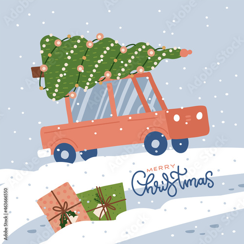 Red Car with a christmas tree on the roof driving on a snowy road and a snowdrift. Greeting card with gift boxes and lettering text. Vector flat hand drawn illustration