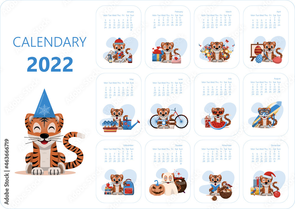 Fototapeta premium Calendar design template for 2022 year of blue Tiger Chinese new year. Vector stock flat illustration. Cartoon months for calendar