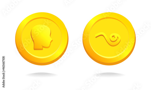 Head and tail coin. Toss a coin to make a change and decide. Illustration vector photo