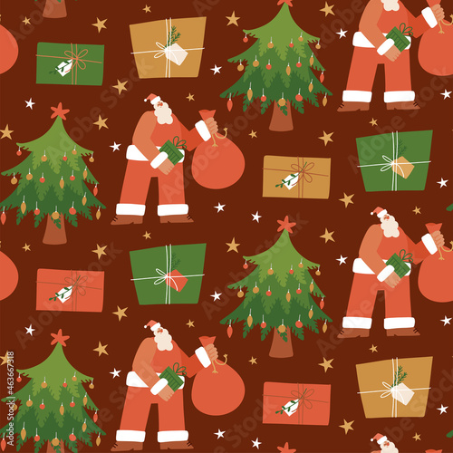 Seamless ppattern with Santa Claus, gift boxes and Christmas tree with red and green color on brown background. Flat hand drawn vector illustration photo