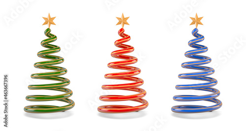 Three colored christmas trees isolated from the background