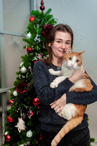 Girl holding a ginger cat by the christmas tree before christmas