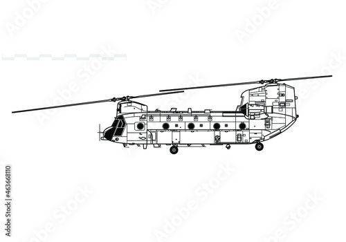 Boeing CH-47 Chinook, Chinook HC1. Vector drawing of transport helicopter. Side view. Image for illustration and infographics.