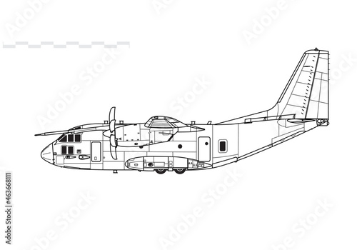 Leonardo C-27J Spartan. Vector drawing of medium transport aircraft. Side view. Image for illustration and infographics.