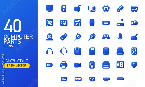Computer parts and components icon set. Computer hardware glyph icon collection. Suitable for design element of computer app software and technology infographic.