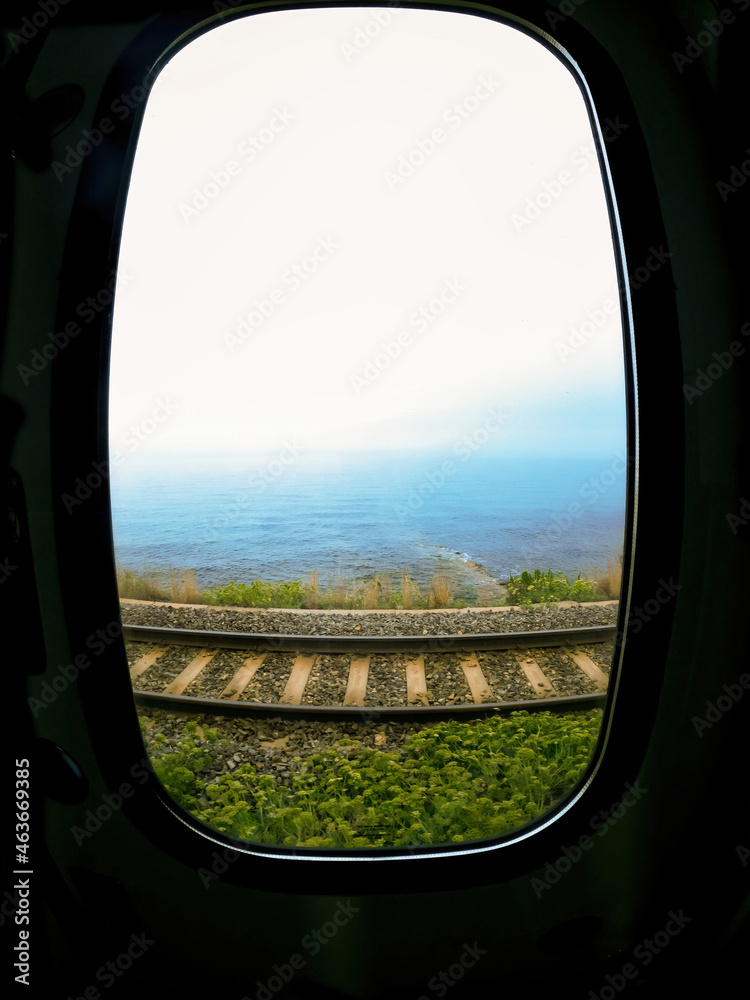 View of the cote d'Azur visible from a moving train, France