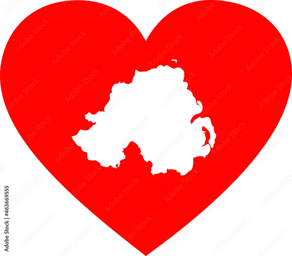 White map of North Ireland inside red heart shape White map of North Ireland inside red heart shape