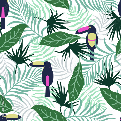 Tropical background with palm leaves and toucan birds. Seamless floral pattern. Summer vector illustration. Flat jungle print