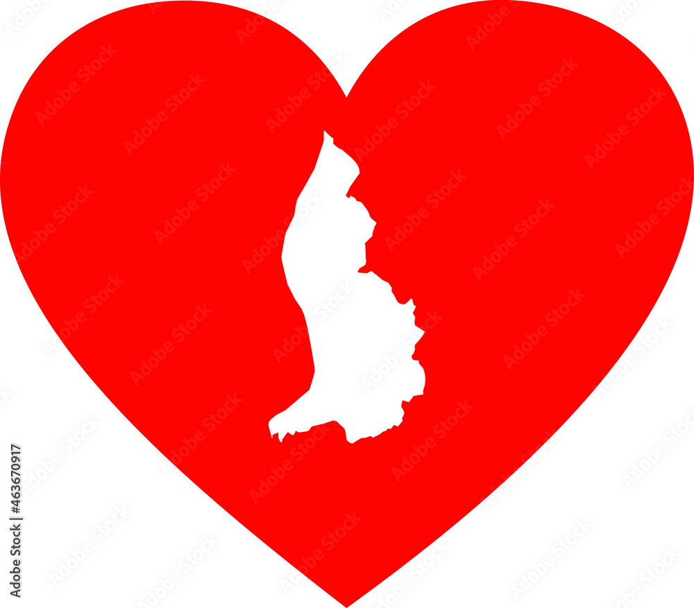 White map of Liechtenstein inside red heart shape White map of Liechtenstein inside red heart shape