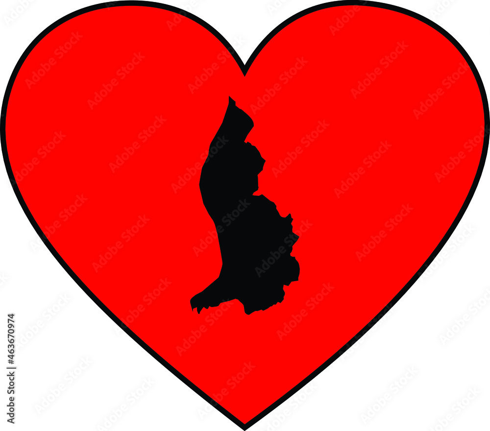 Black map of Liechtenstein inside red heart shape with black stroke Black map of Liechtenstein inside red heart shape with black stroke