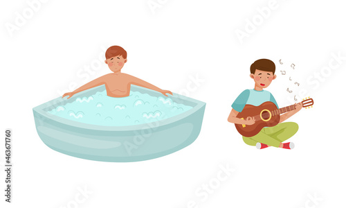 Ways to relax set. People taking bath and playing guitar. Daily activity or hobby cartoon vector illustration
