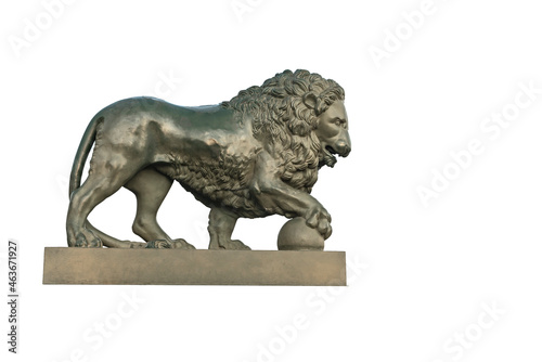 stone sculpture of a lion resting its paw on a ball. The concept of strength, power. Isolated on white background
