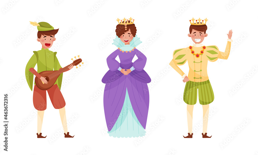 Medieval people set. Minstrel, queen and king European middle ages historical characters cartoon vector illustration
