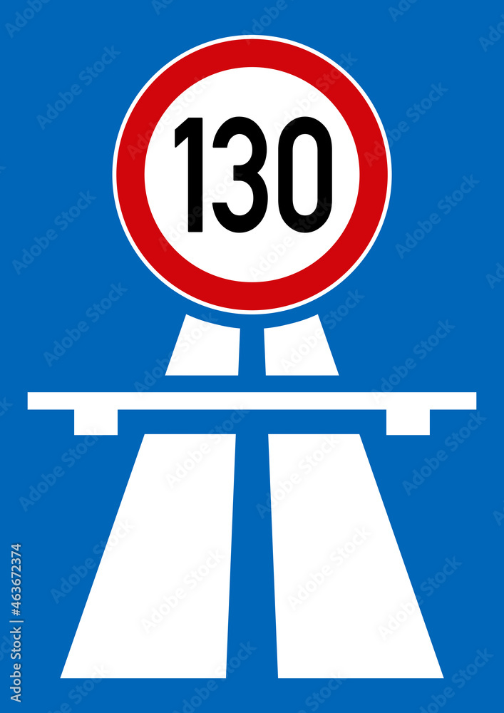 ks874 Kombi-Schild - german - Zeichen Autobahn mit Verkehrszeichen Tempolimit 130 km/h . Deutsche Autobahn (Fotomontage) english - photomontage collage - traffic sign - maximum speed 130 kmh - g10787 - obrazy, fototapety, plakaty 