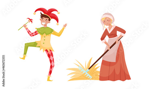 Medieval people set. Peasant woman and jester European middle ages historical characters cartoon vector illustration
