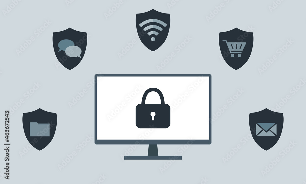 Computer Lock Shield Vector of a computer screen with a lock and shields with files, chat ...