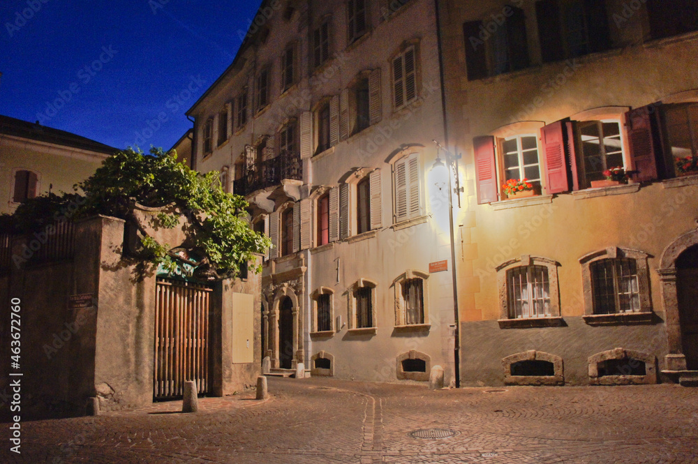 Sion, Old city street view by night, Switzerland, Europe