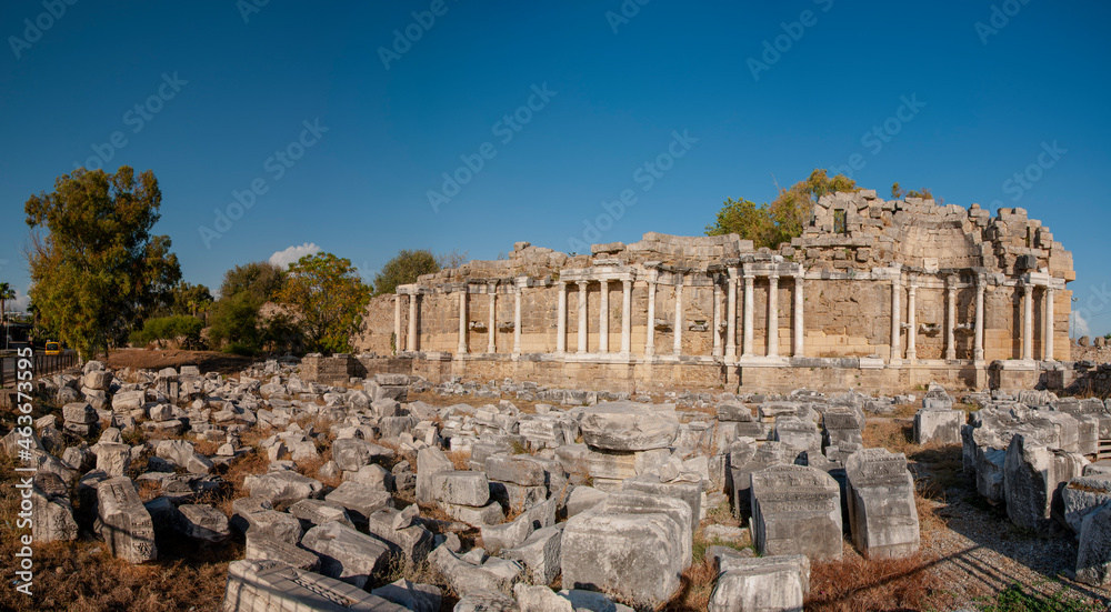 Ruins of ancient city in Side. Side, Antalya, Turkey.