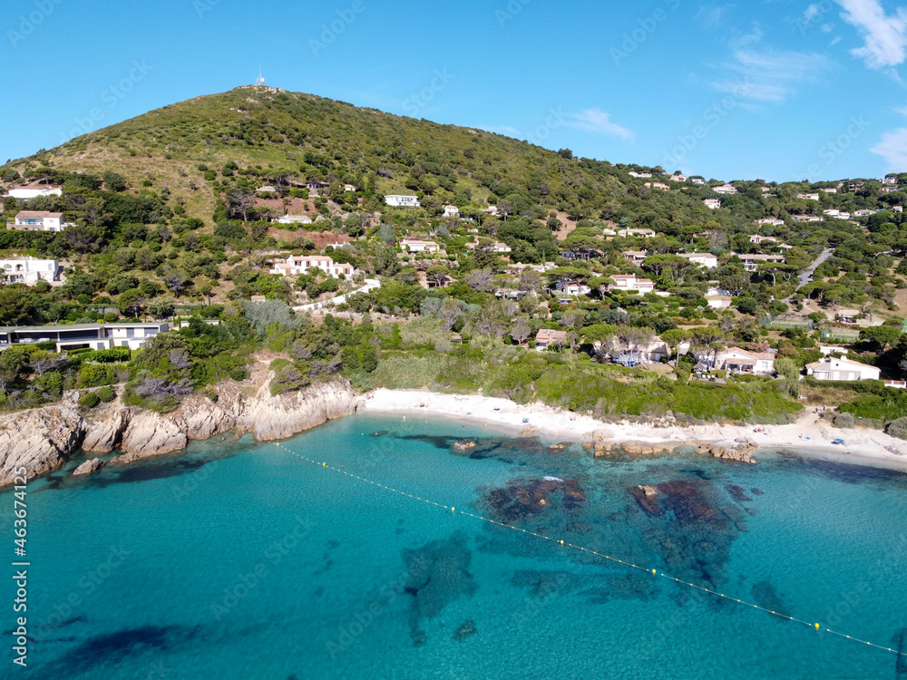 Summer holidays on French Riviera, aerial view on rocks and sandy beach Escalet near Ramatuelle and Saint-Tropez, Var, France