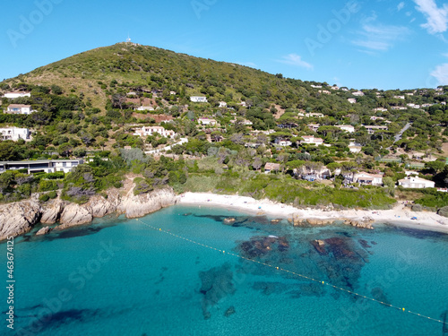 Summer holidays on French Riviera, aerial view on rocks and sandy beach Escalet near Ramatuelle and Saint-Tropez, Var, France