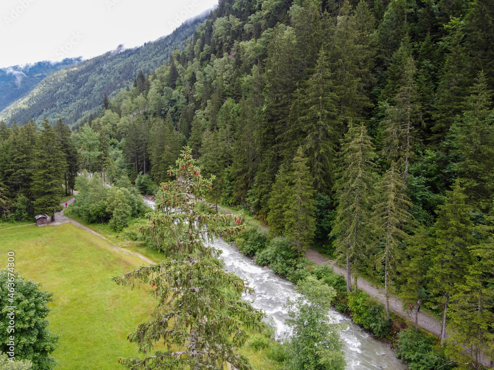 View on Bon Nant mountain river, green forests and apline meadows near Saint-Gervais-les-Bains, Savoy. France