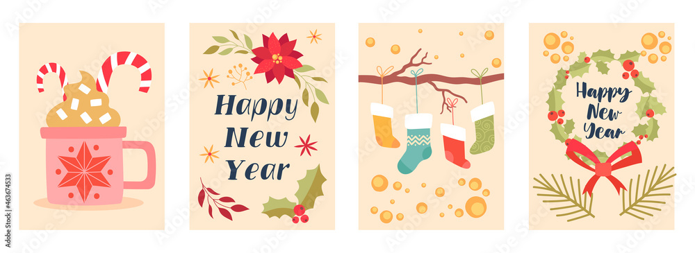 Set of cute christmas postcards with new year holiday elements on pastel background. Concept of xmas decoration. Winter holiday colorful templates for creative use. Flat cartoon vector illustration