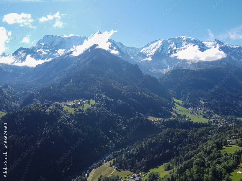 View from Saint-Gervais-les-Bains to white top of Mont Blanc mountaine range in summer View from Saint-Gervais-les-Bains to white top of Mont Blanc mountaine range in summer