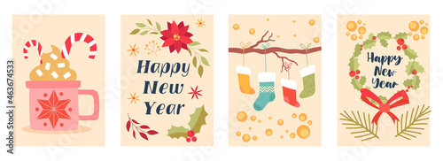 Set of cute christmas postcards with new year holiday elements on pastel background. Concept of xmas decoration. Winter holiday colorful templates for creative use. Flat cartoon vector illustration