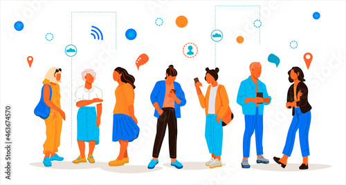 Group of people communicate in Internet using phones and talking, flat vector illustration isolated on white background. Communication and social network concept.