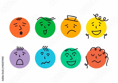 Abstract emotional faces. Round abstract faces with various Emotions. Different colorful characters. Vector illustration. Every face is isolated.