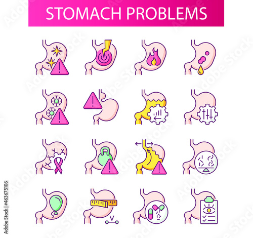 Symptoms of stomach problems. Line icon concept